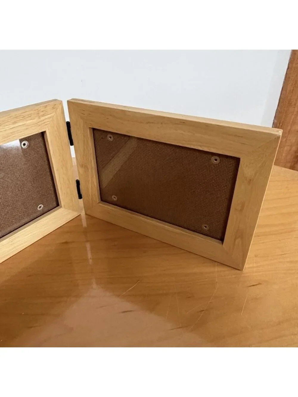 Hinged Double Picture Frame Wood Holds Two Photos Folding Display Wooden Natural
